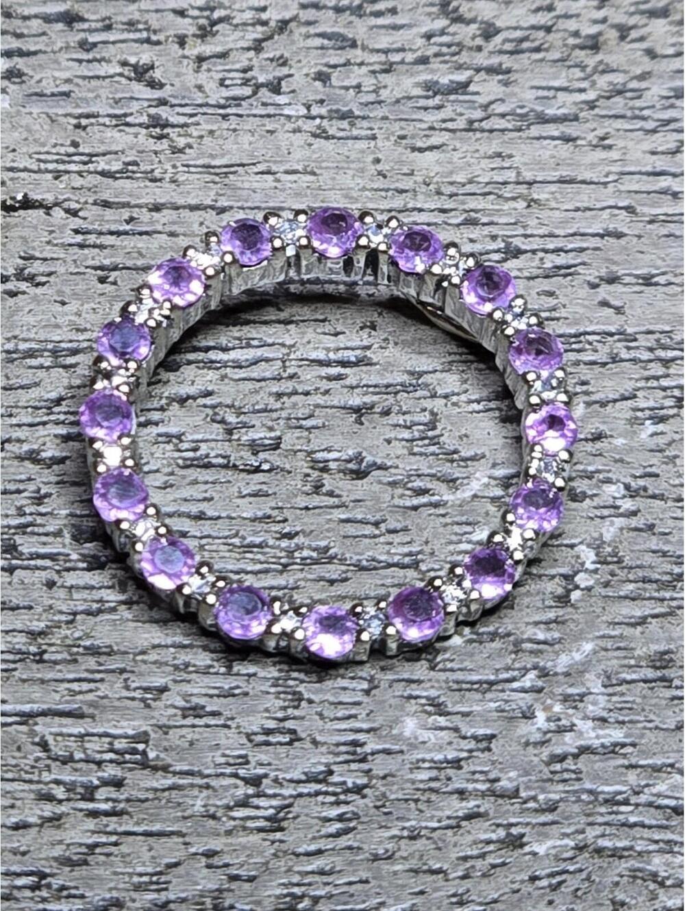 14K White Gold Purple Sapphire Diamond Circle Pendant Estate